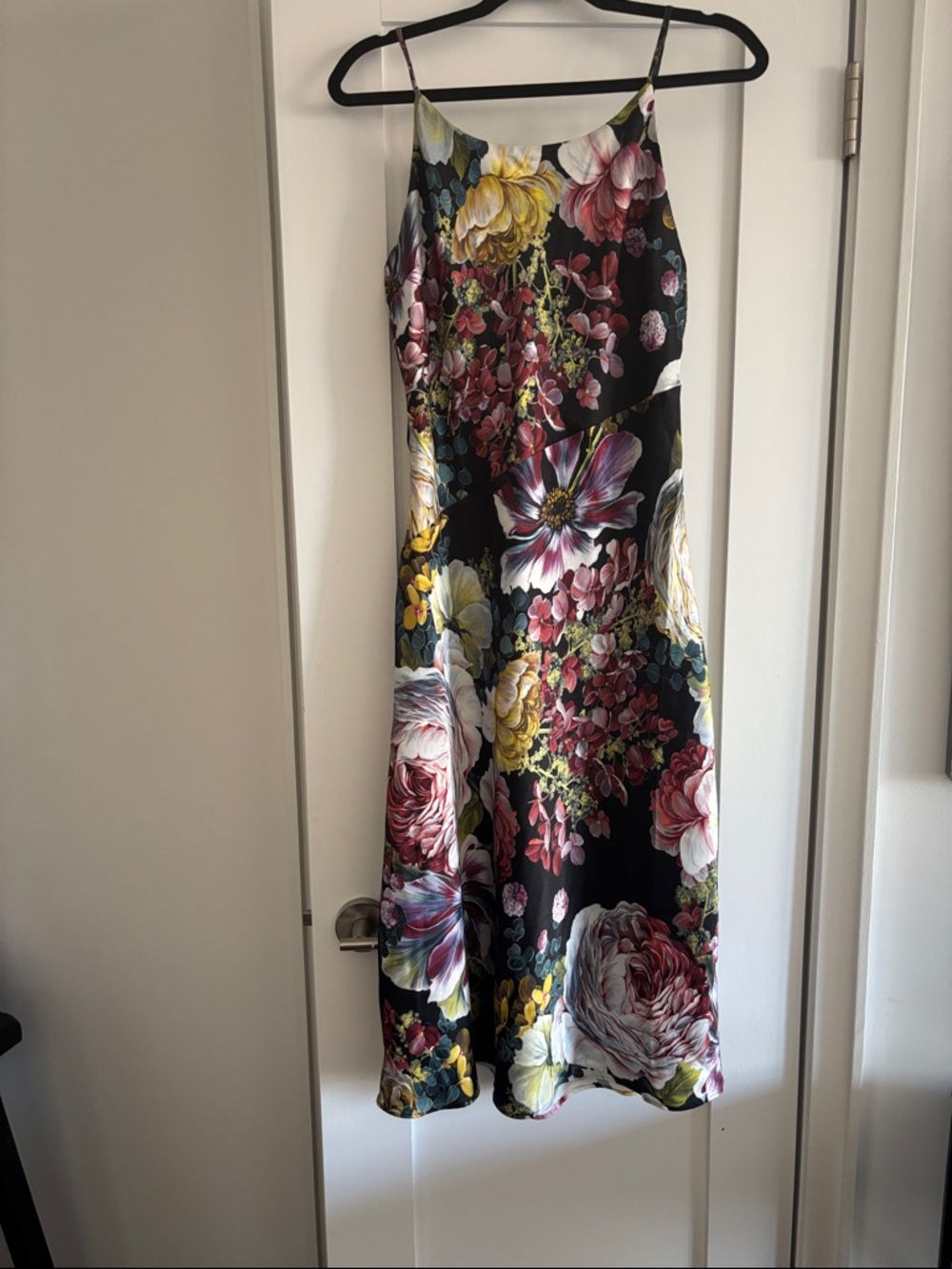 Floral Satin Slip Dress in Black with Multicolor Blooms